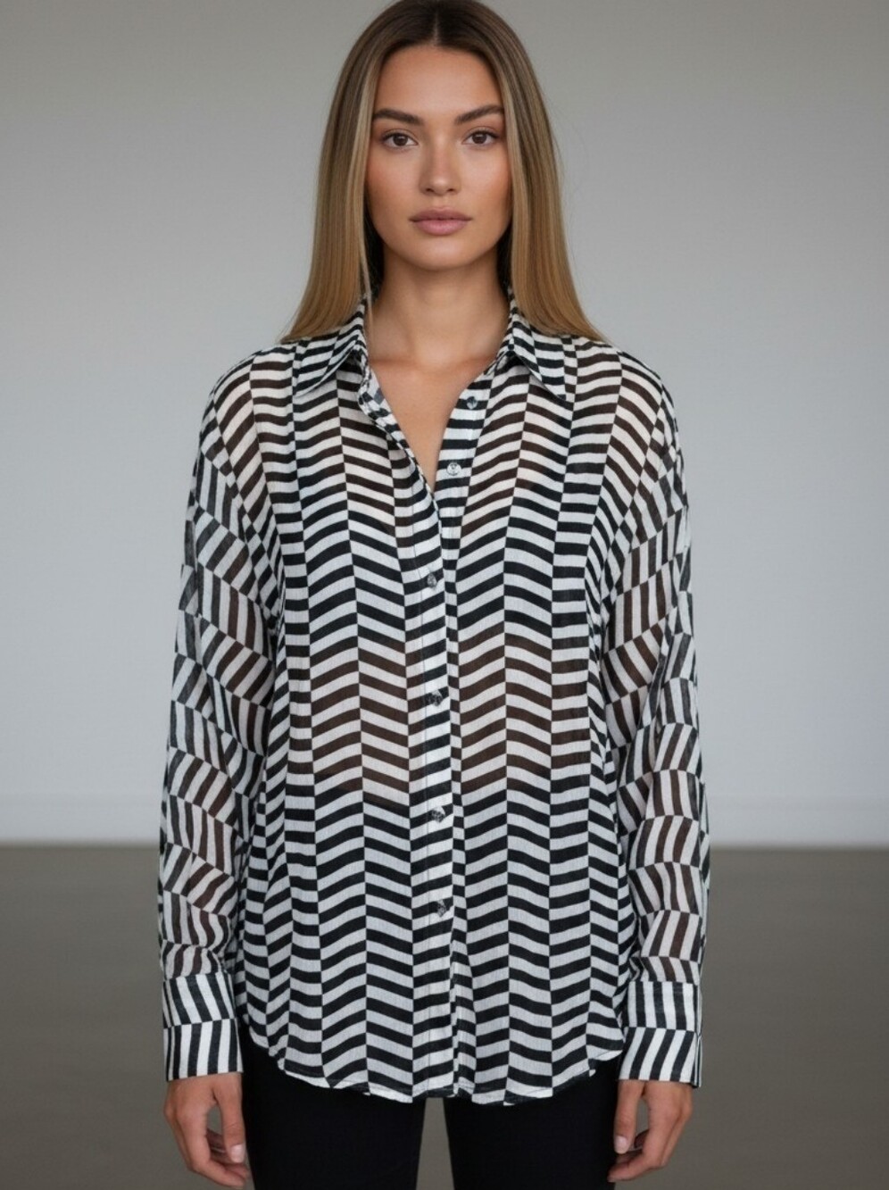 Zara Black/White Chevron Print Sheer Blouse, Medium